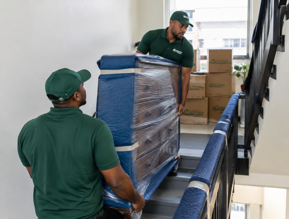 Boxed & Bound movers carrying a wrapped dresser up apartment stairs