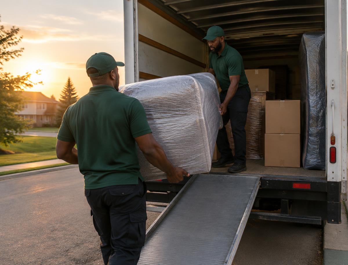 Boxed & Bound movers loading wrapped furniture into a truck at sunset